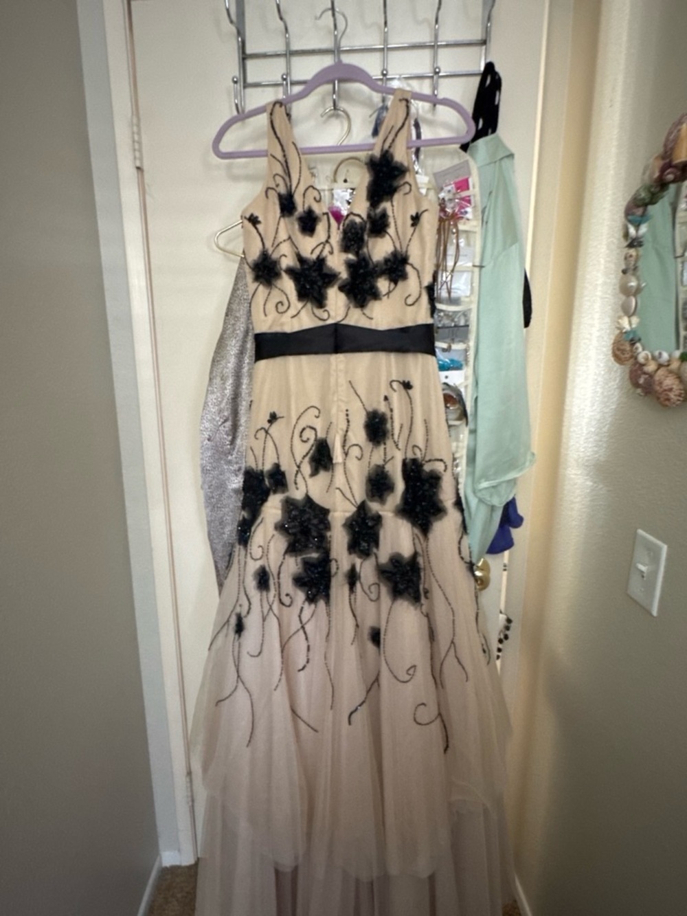 Elegant Black Floral Appliqué Nude Evening Gown